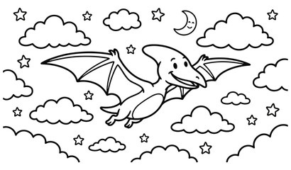 Pterodactyl flying through night sky with clouds moon and stars line art © Bellal