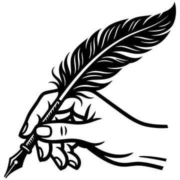 Hand holding a feather quill pen writing vintage style vector illustration with ink pen calligraphy tool black silhouette vector graphic