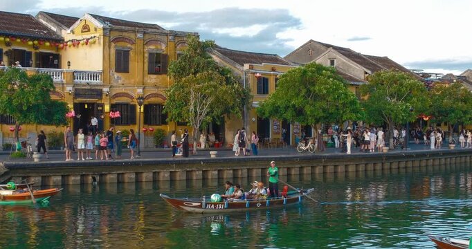 Time lapse of timelapse of Hoian Old town in Hoi An city, Da Nang province, Vietnam. Panoramic riverside of Ancient town, UNESCO world heritage. One of the most travel popular touristic destinations 