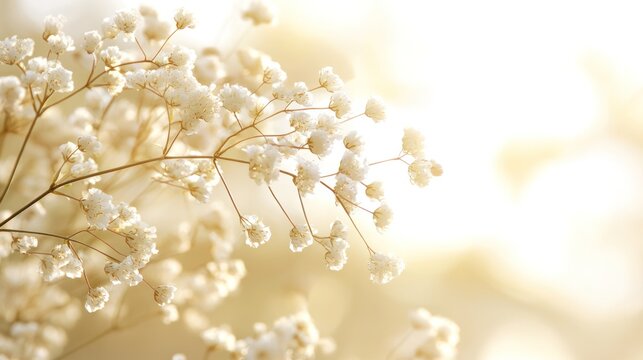 Delicate Blooms in Sunlight: A close-up shot captures the ethereal beauty of tiny white flowers, their delicate petals illuminated by a soft, golden sunlight, creating a dreamy and serene atmosphere.