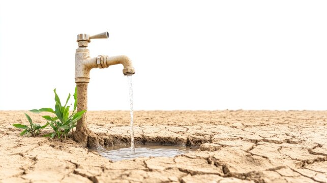 Drought and Scarcity: A lone, weathered faucet stands rooted in parched, cracked earth, a thin trickle of water a stark symbol of diminishing resources amidst arid surroundings.