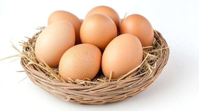 Nest of Eggs: A rustic woven nest cradles a collection of fresh, brown eggs, hinting at new beginnings and the bounty of nature.