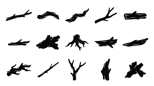 Set of wooden sticks and logs icons, various shapes of tree branches and driftwood