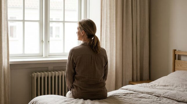 Middle aged woman looking through window in bedroom is feeling lonely and contemplating during quiet morning.