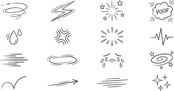 Comic Book Visual Effects and Expressive Doodle Icon Set Featuring Speed Lines, Lightning, Tears, Stars, and Action Bursts for Manga Graphic Designs