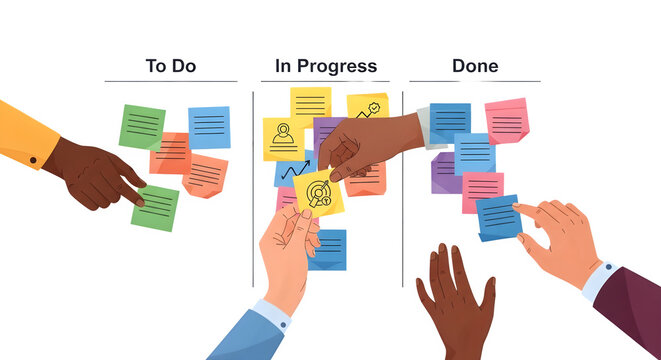 Team collaboration kanban board with colorful sticky notes process illustration isolated on a transparent background