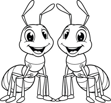 Cartoon ant character vector set, mirrored insect illustrations, smiling upright pose, kids educational graphic, playful design, stock artwork, symmetrical icons