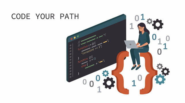 Female software developer coding on laptop sitting on bracket near code window with binary data icons