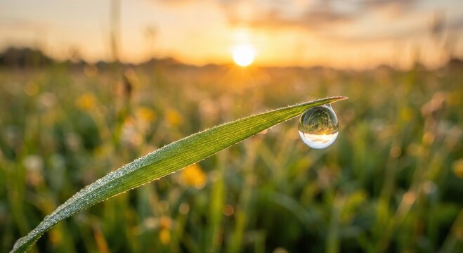 Perfectly formed dewdrop on green grass blade reflecting golden sunrise in macro detail
