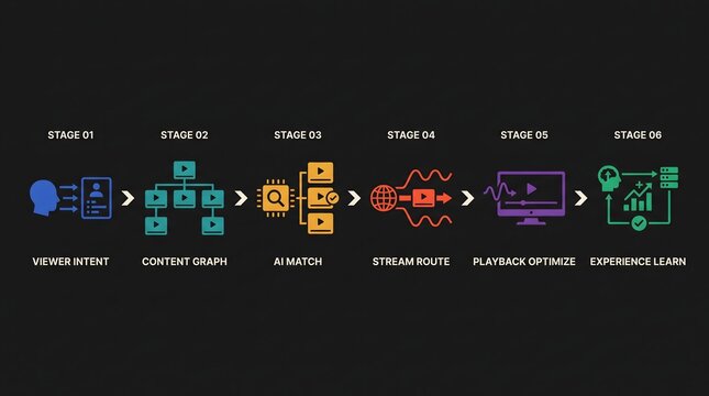 Video streaming workflow infographic on black background. Features stages from viewer intent to machine learning optimization. Linear technical diagram