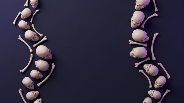 Halloween skulls and bones arranged on dark blue background create spooky border for festive decorations.