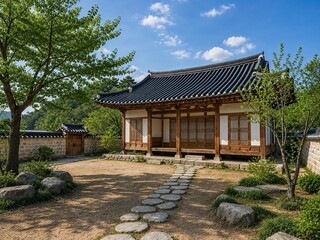 Fototapeta premium 30. Traditional Korean Hanok House and Courtyard in Lush Summer Landscape