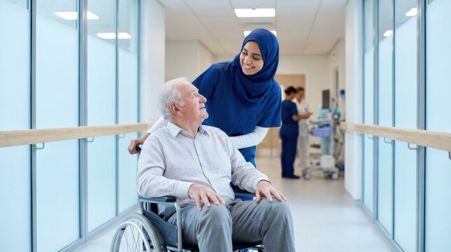 Smiling nurse in blue hijab pushing elderly man in wheelchair through modern hospital hallway for assistance.
