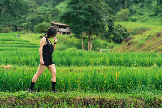 Woman wearing black dress walking alone on narrow path through lush green rice field in rural countryside landscape