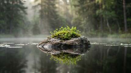 Fototapeta premium Small green plants growing on a rock in a calm misty forest lake at dawn