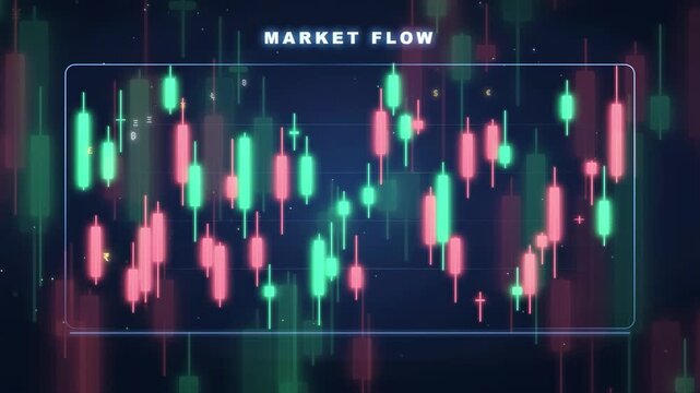 Abstract Digital Financial Market Flow with Green and Red Candlestick Charts on Dark Background