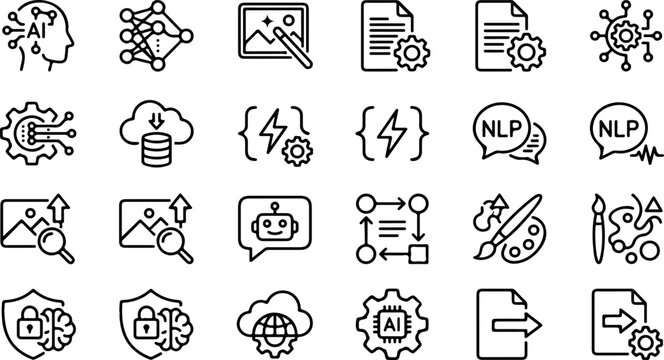 Generative AI content creation and artificial intelligence marketing black outline icons mega set