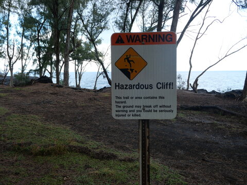 Hazardous Cliff Warning Sign at MacKenzie State Recreation Area, Hawaii