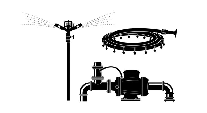 Irrigation system components with sprinkler hose with white illustrations irrigation system parts black white equipment watering sprayer with garden