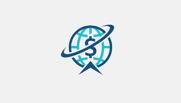 Global finance logo features a stylized globe with a dollar sign and an arrow representing international economic growth and money transfer.