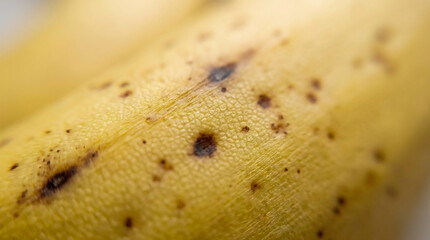 Ripe yellow banana skin texture featuring brown sugar spots captured in an extreme macro close up photography style showing detailed pores and natural organic surface patterns © seasonary