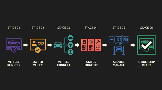 Vehicle Ownership and Lifecycle Management workflow infographic. Six-stage process from registration to ownership confirmation. Vector illustration for automotive and DMV services