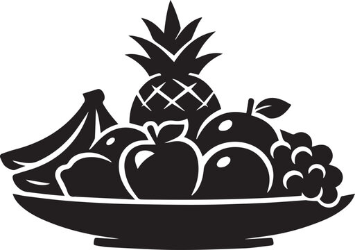 A bowl filled with a variety of fresh tropical fruits presented in a minimalist black and white silhouette