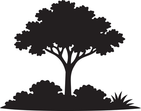 A minimalist black tree and shrubbery garden landscape isolated on a white background in a clean silhouette