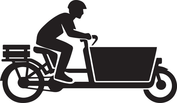A person riding a cargo bike for delivery services depicted as a minimalist black and white silhouette