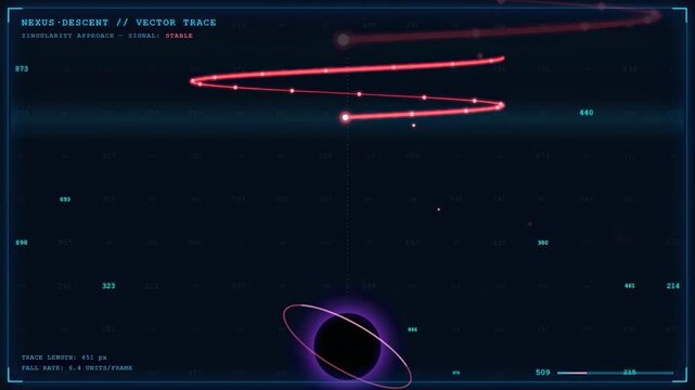 Futuristic digital hud interface with red vector trace lines and black hole singularity animation