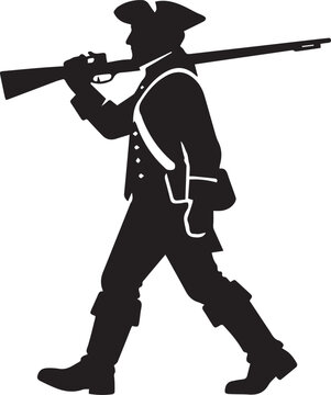 American revolutionary war soldier walking with a musket over his shoulder in a classic black and white silhouette