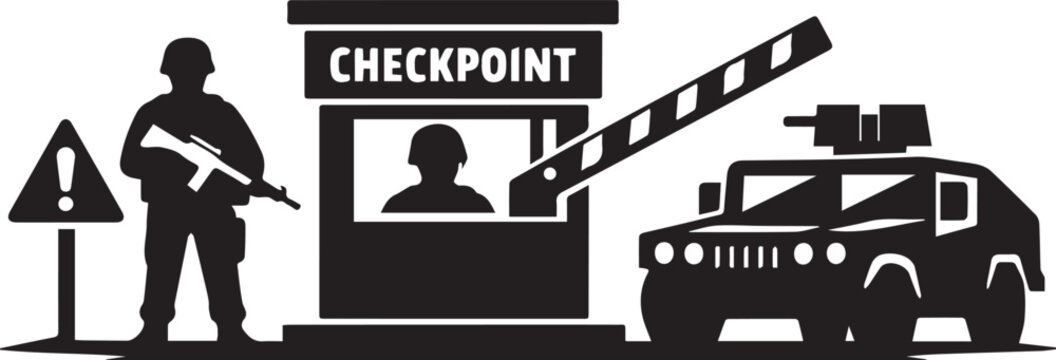 Military checkpoint scene with armed soldier and armored vehicle depicted in a bold black and white silhouette