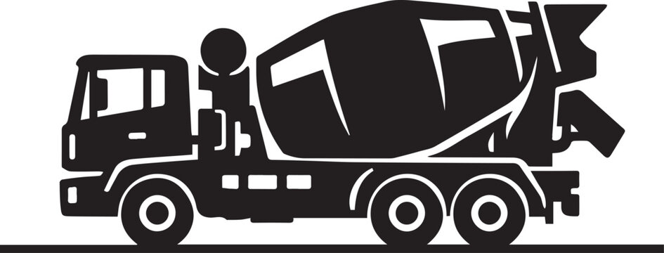 A black and white graphic illustration featuring a heavy duty concrete mixer truck in a flat silhouette