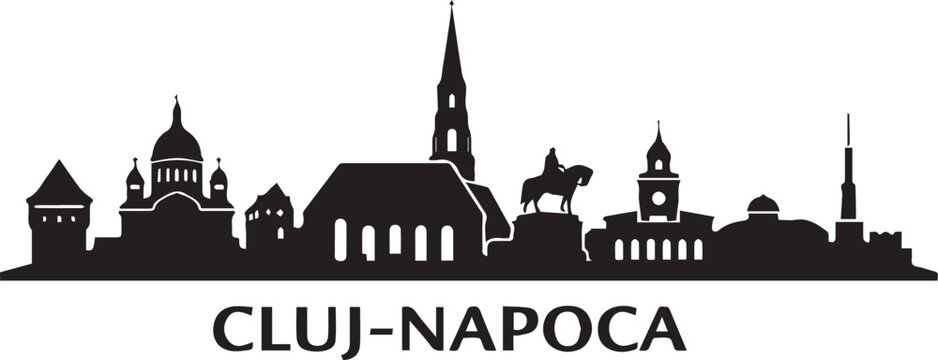 Minimalist black and white artistic representation of the cluj napoca city skyline in a distinct graphic silhouette