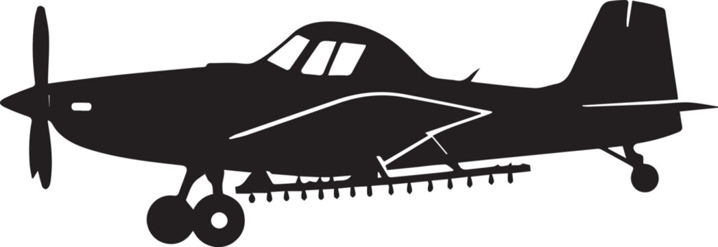 A detailed side view of an agricultural crop duster airplane depicted as a clean black graphic silhouette