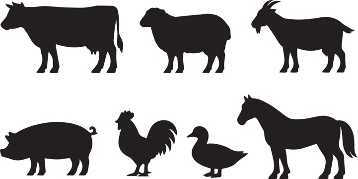 Collection of various farm animals depicted in a clean and minimalist black and white style silhouette