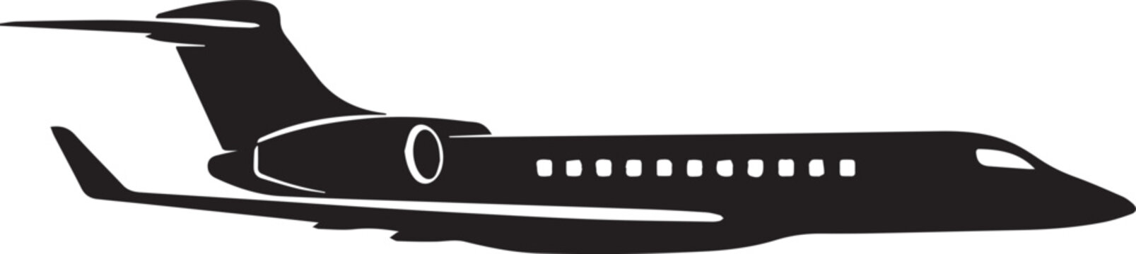 Side view of a luxury private business jet airplane depicted as a simple black graphic design silhouette