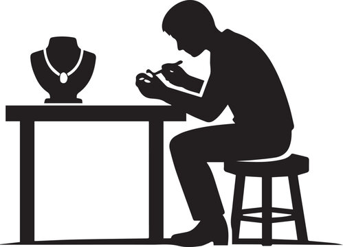 A professional jeweler working at a workbench crafting a necklace in a minimalist black and white silhouette
