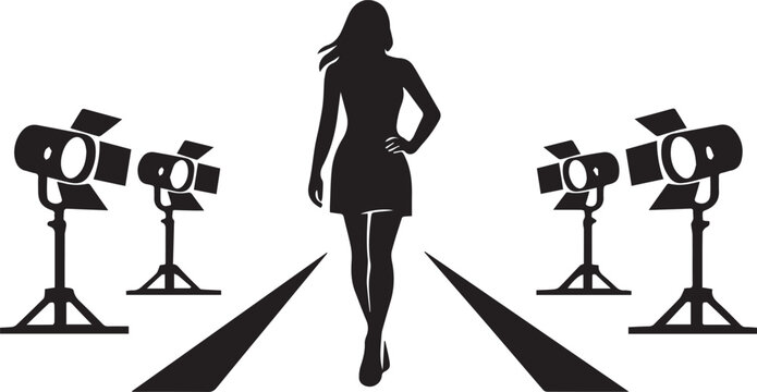 A fashionable woman walking down a runway under studio lights presented in a high contrast black and white silhouette
