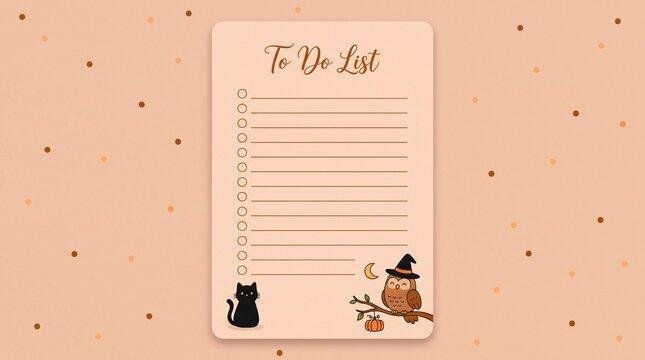 Halloween to do list with cute black cat and owl on branch.