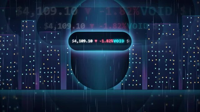 Digital futuristic city skyline with floating financial data and cryptocurrency market tickers on dark background