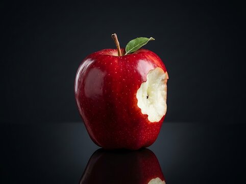 A single fresh red apple with a bite mark isolated on a dark reflective black background. apfel angebissen