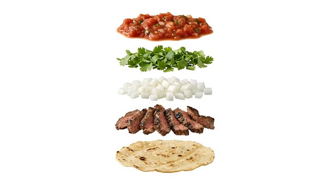 Exploded view of fresh steak taco ingredients layered on white background for food styling