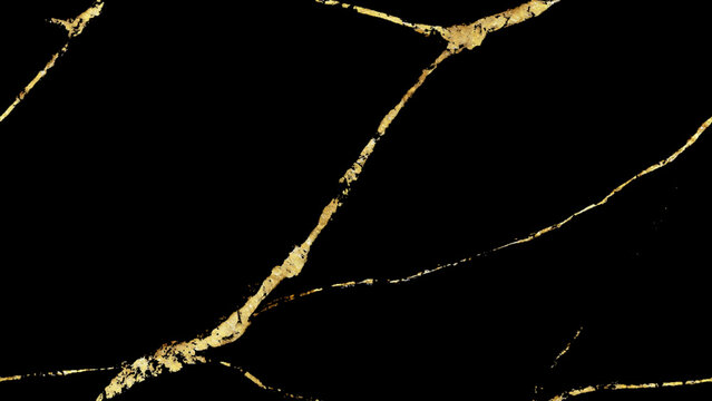 luxurious black marble texture background with metallic gold veins and kintsugi crack pattern on dark backdrop surface