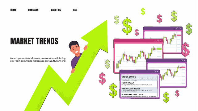 Happy man with green arrow and stock market charts for business website header banner design now