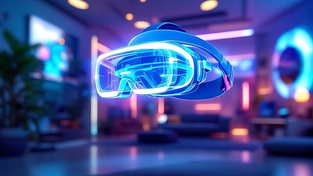 Virtual reality headset neon cyber room presentation for gaming
