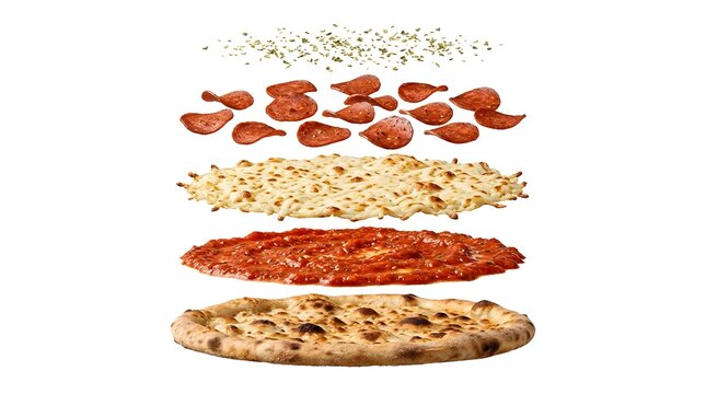 Exploded view of pepperoni pizza layers with cheese and toppings falling mid-air on white background