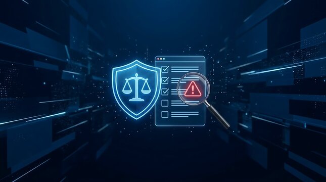 Cybersecurity audit compliance check with digital shield and legal scales