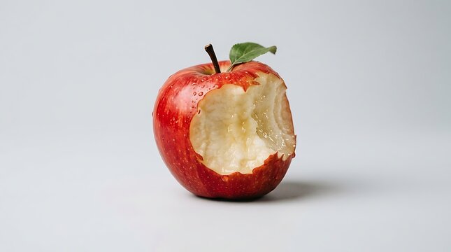 Fresh red apple with a large bite mark showing white juicy fruit inside. apfel angebissen