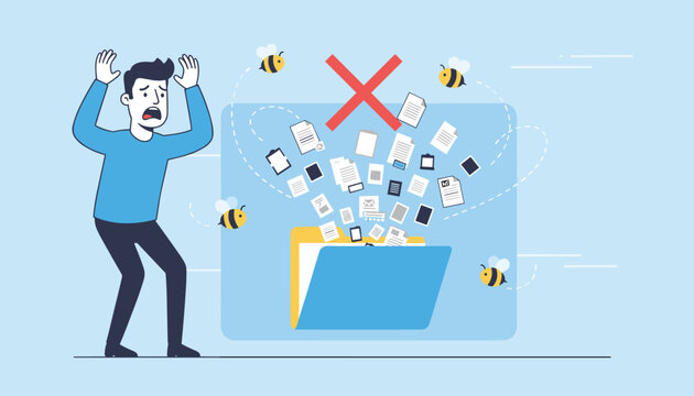 Stressed man panicking as swarm of documents flies out of a folder accompanied by buzzing bees for work overload concept.